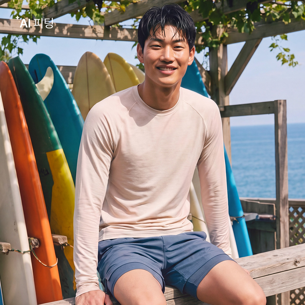 맨 메쉬 배색 긴팔 티셔츠 아이보리