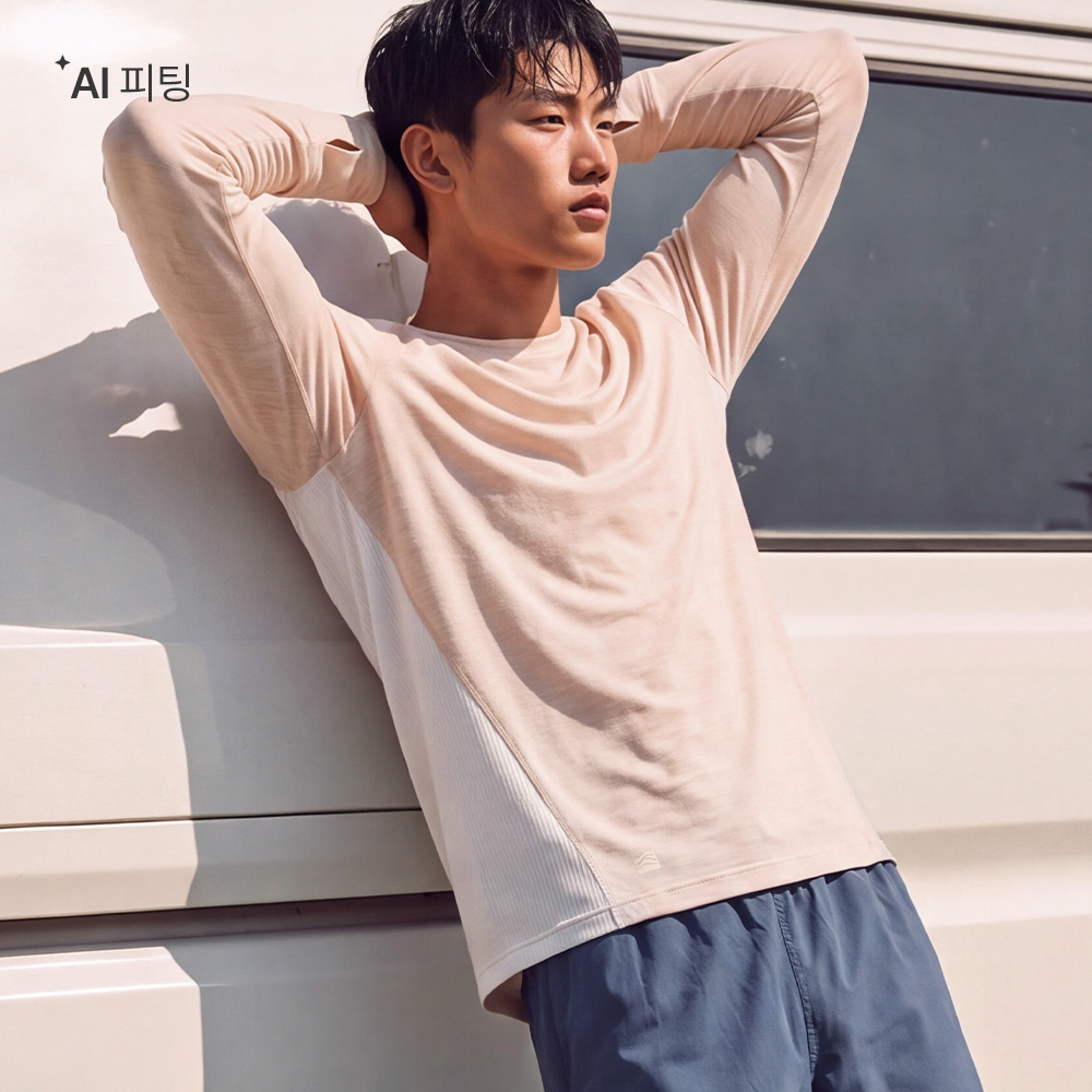 맨 메쉬 배색 긴팔 티셔츠 아이보리