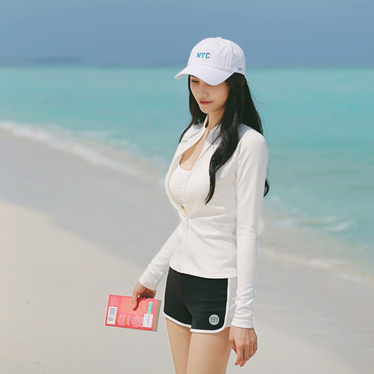 여성 베이직 솔리드 집업 래쉬가드 화이트