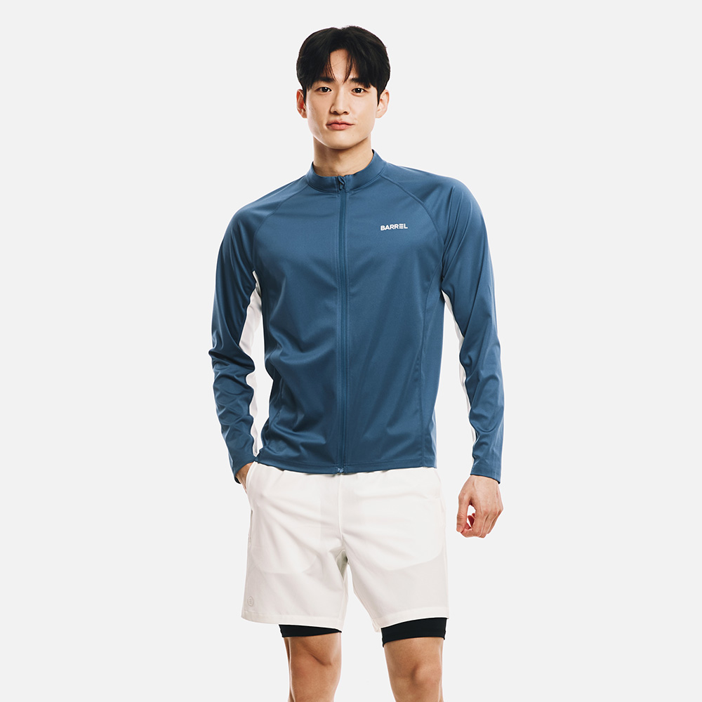 맨 에센셜 릴렉스핏 배색 집업 래쉬가드 인디고블루