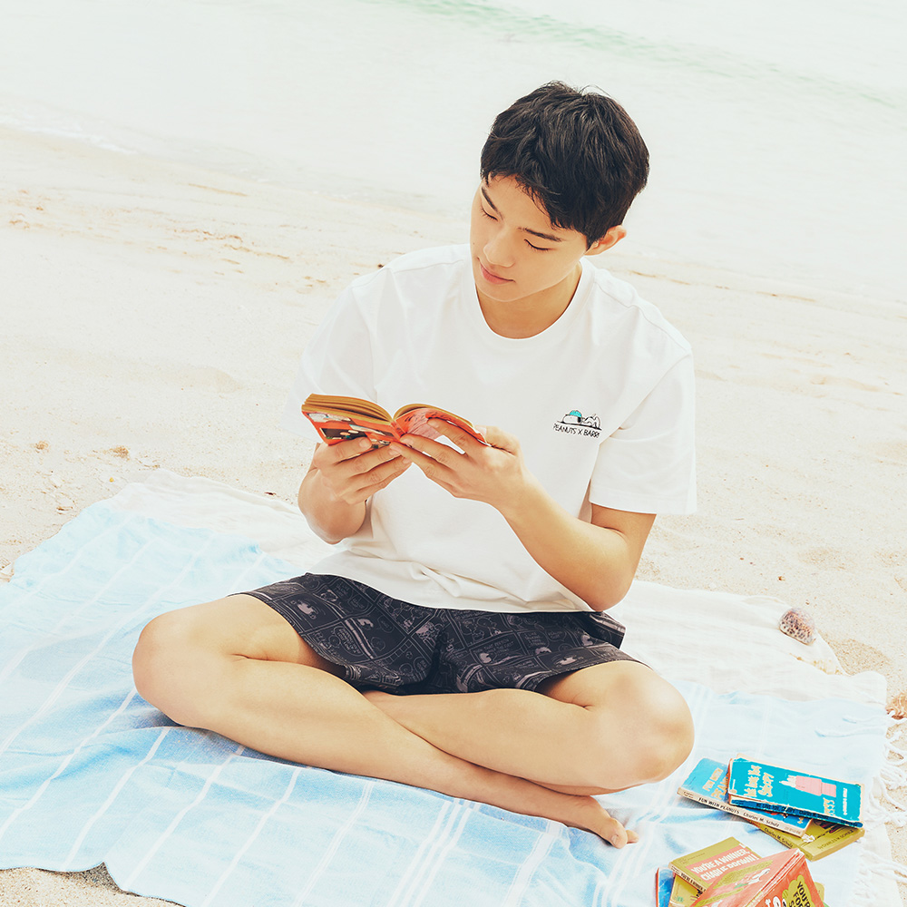 피너츠 맨 카툰 스누피 워터 쇼츠 4부 블랙