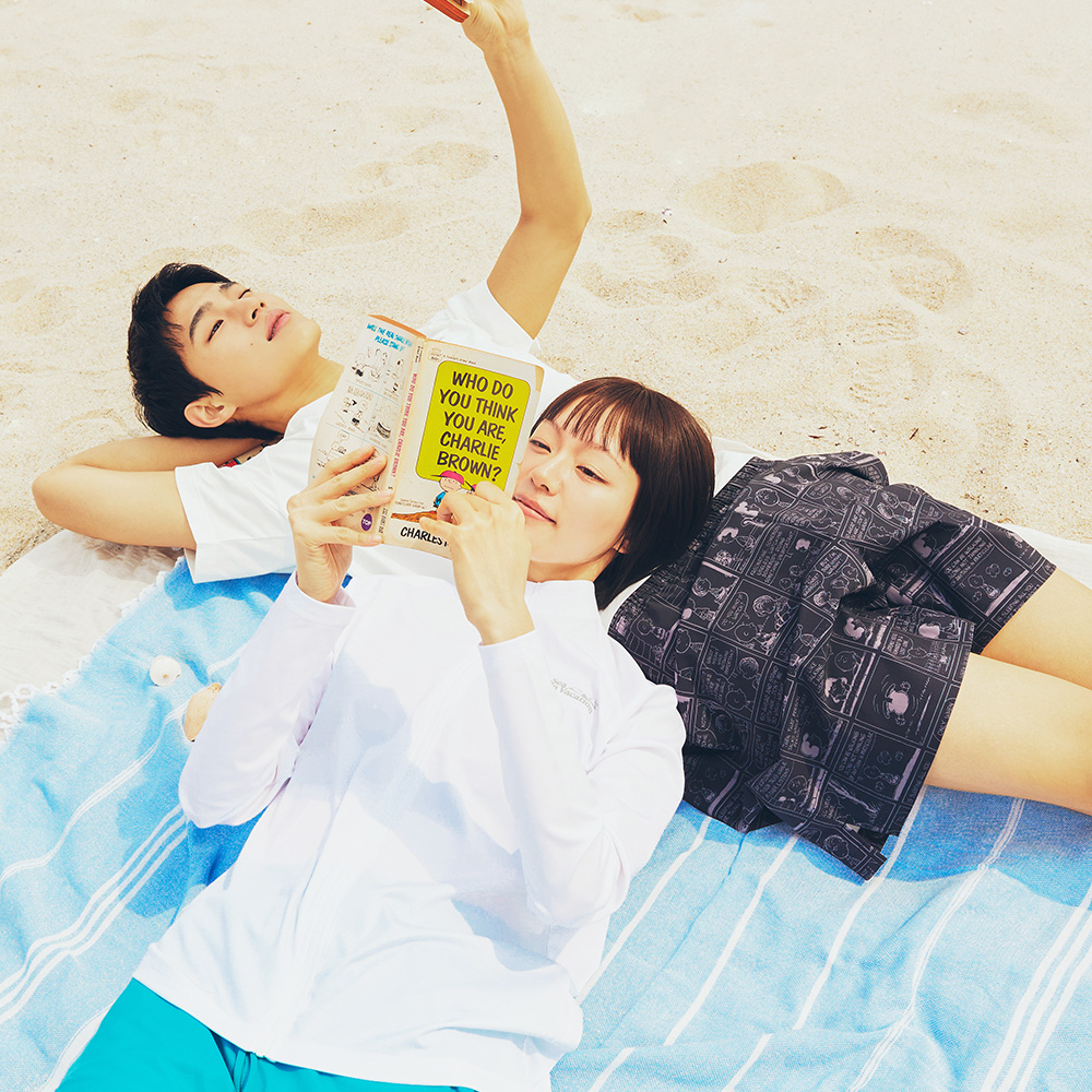 피너츠 맨 카툰 스누피 워터 쇼츠 4부 블랙