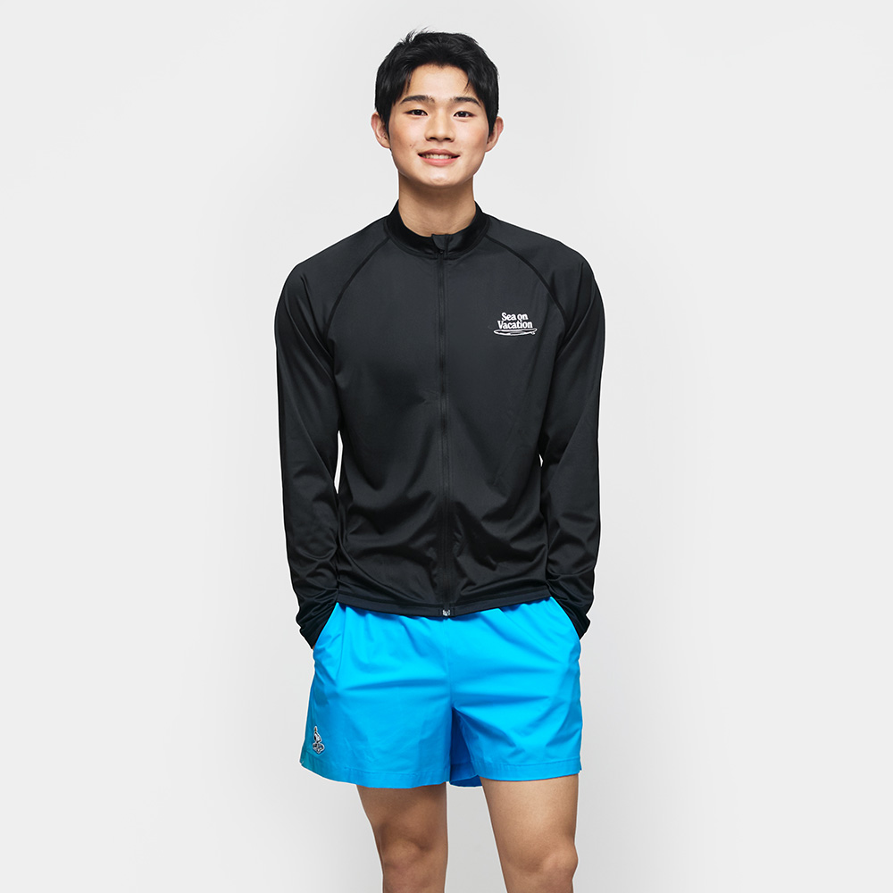 피너츠 맨 스누피 릴렉스핏 집업 래쉬가드 블랙