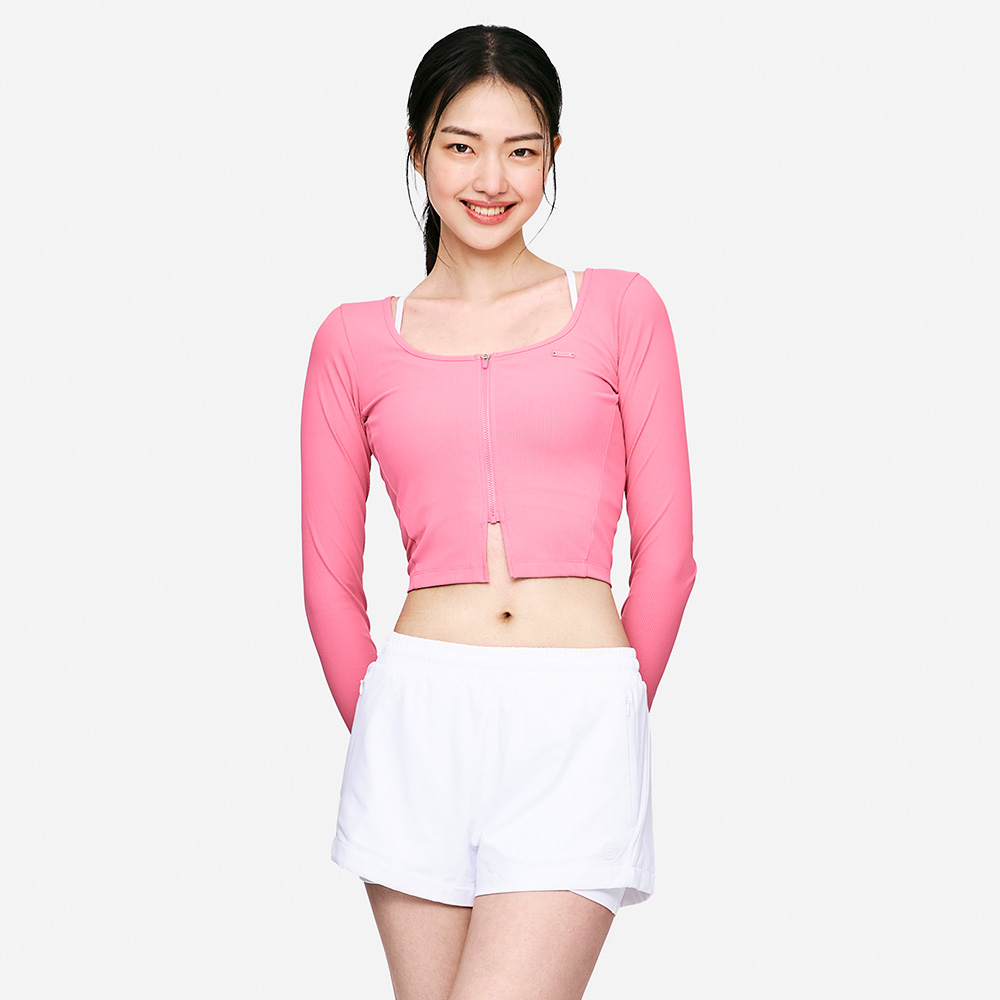 우먼 노티컬 골지 크롭 집업 래쉬가드 로즈핑크