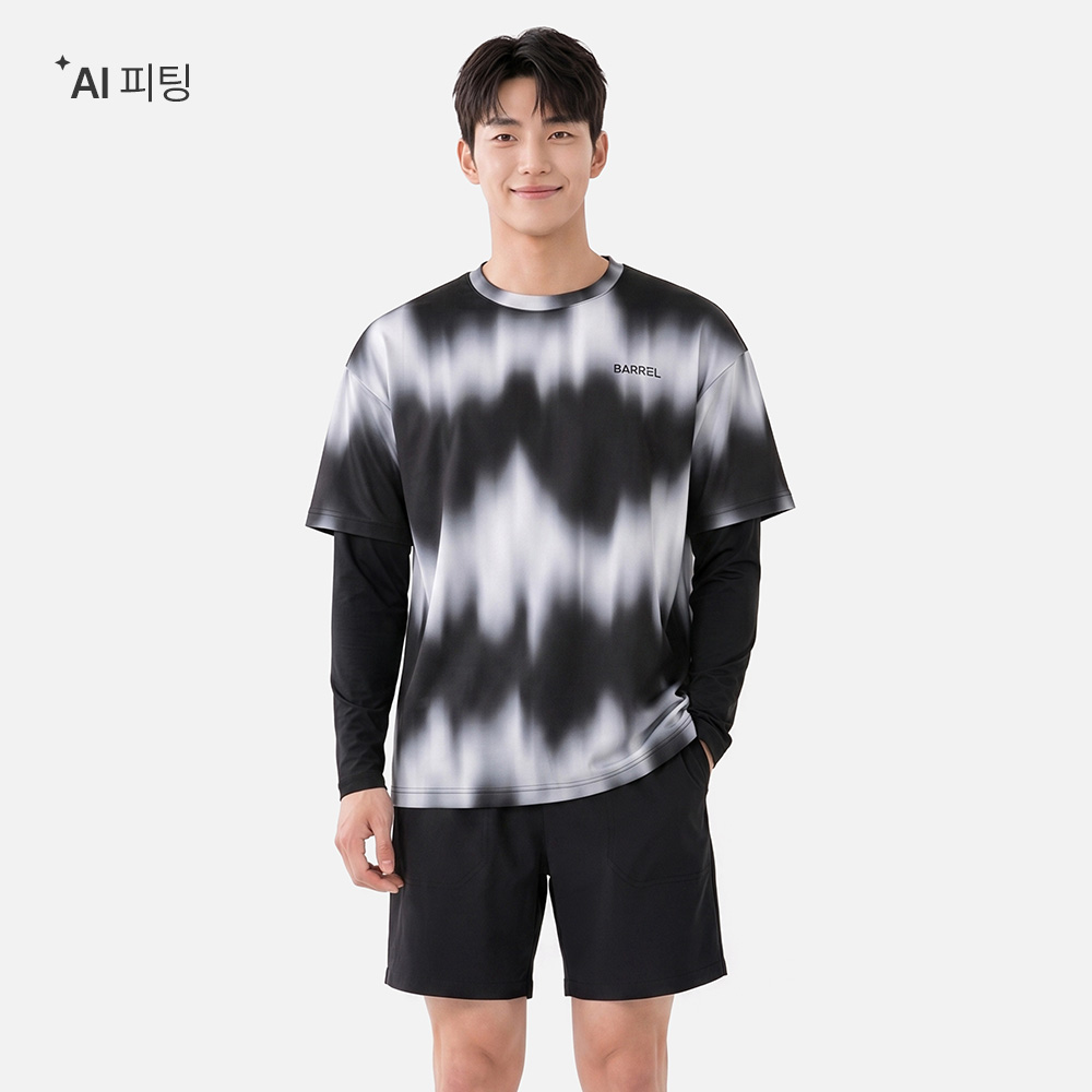 맨 타이다이 루즈핏 반팔 레이어드 래쉬가드 블랙