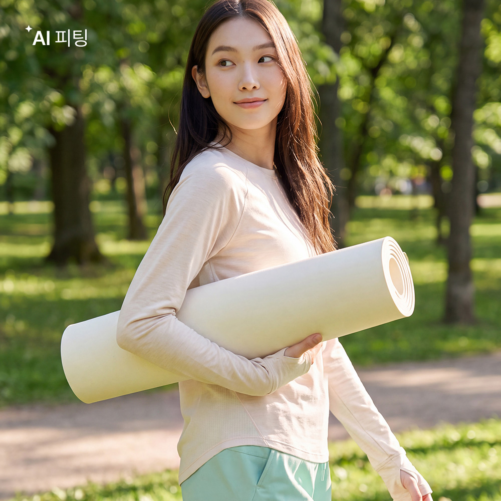 우먼 메쉬 배색 긴팔 티셔츠 아이보리