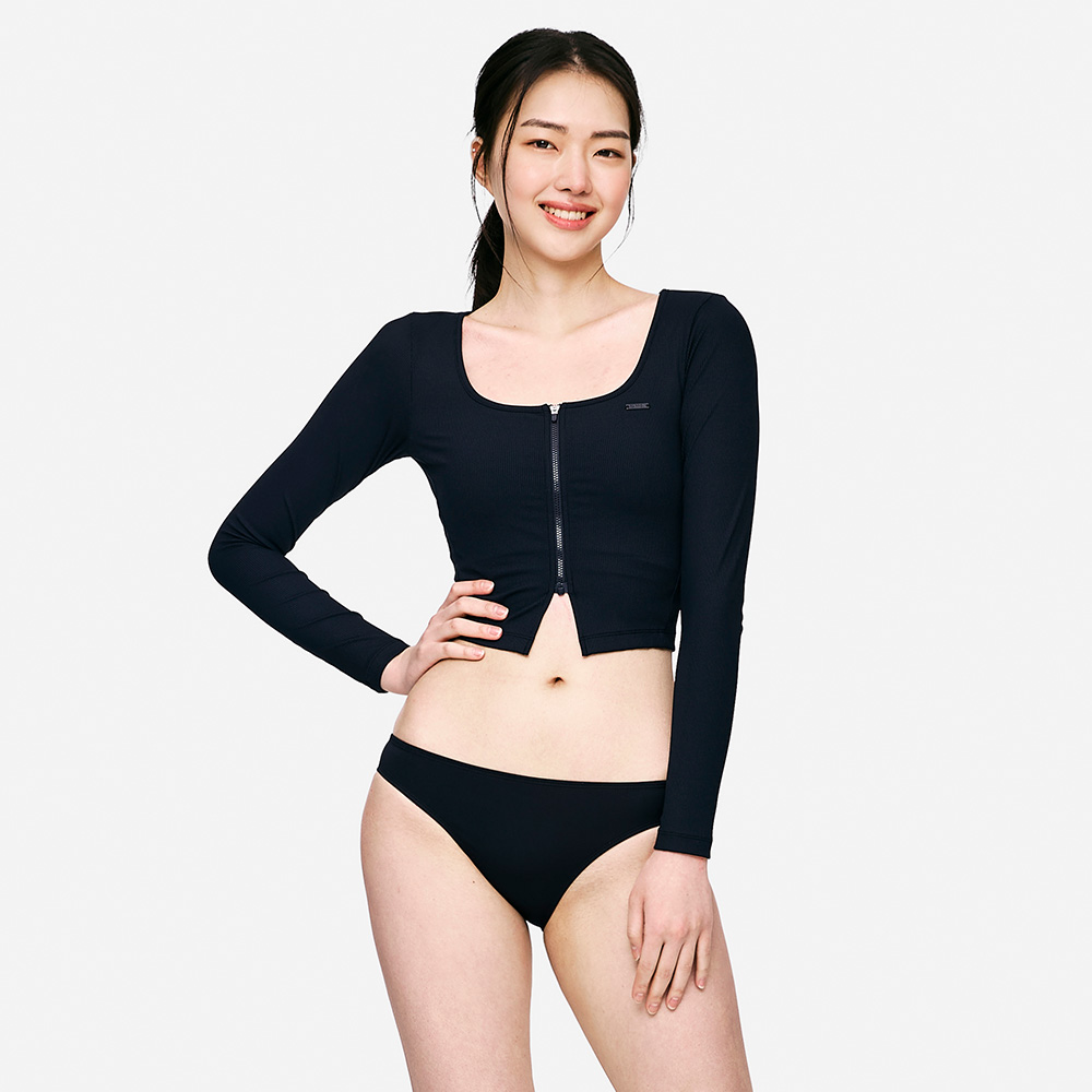 우먼 노티컬 골지 크롭 집업 래쉬가드 블랙